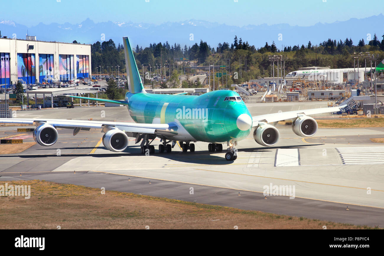 Everett, Washington, USA - July 31, 2017 - Boeing 4-engine double deck 747 jet airplane being tested on the runway at the Boeing factory Stock Photo