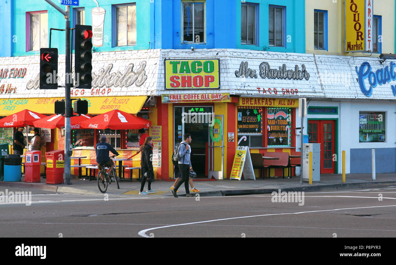 Dec 12, 2014, SAN DIEGO - Popular Taco Shop with colorful facade in Mission Beach area in San Diego, California. Stock Photo