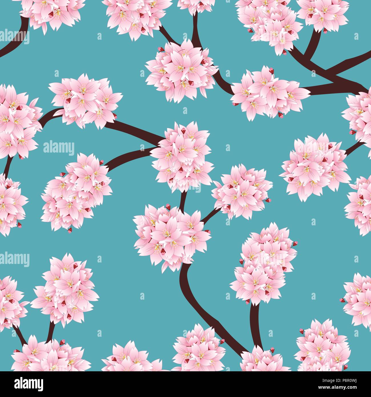 Prunus serrulata Outline - Cherry blossom, Sakura on Blue Background. Vector Illustration. Stock Vector