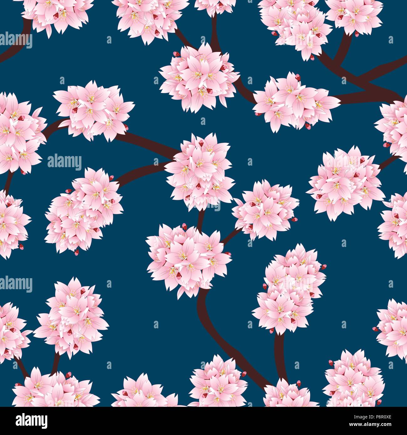 Prunus serrulata Outline - Cherry blossom, Sakura on Indigo Blue Background. Vector Illustration. Stock Vector