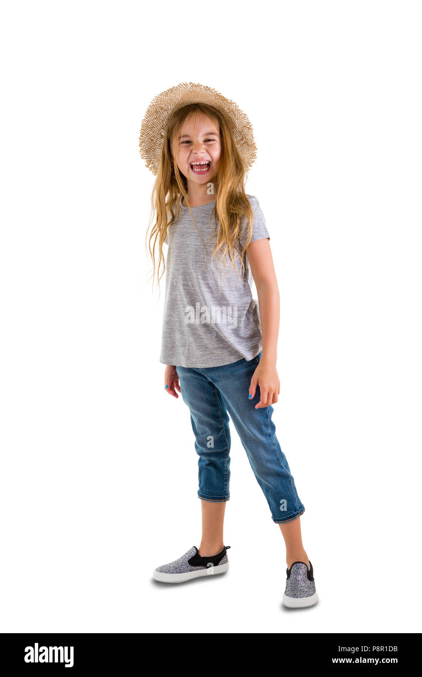 Vivacious Pretty Little Girl With Long Blond Hair Wearing Jeans