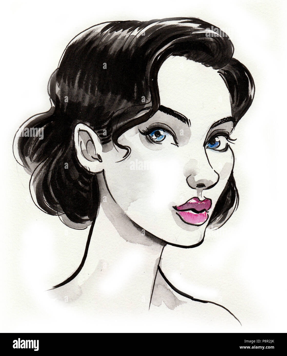 Beautiful woman. Ink and watercolor illustration Stock Photo