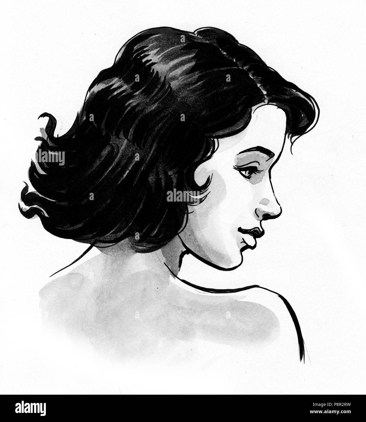 Beautiful woman. Ink and watercolor illustration Stock Photo