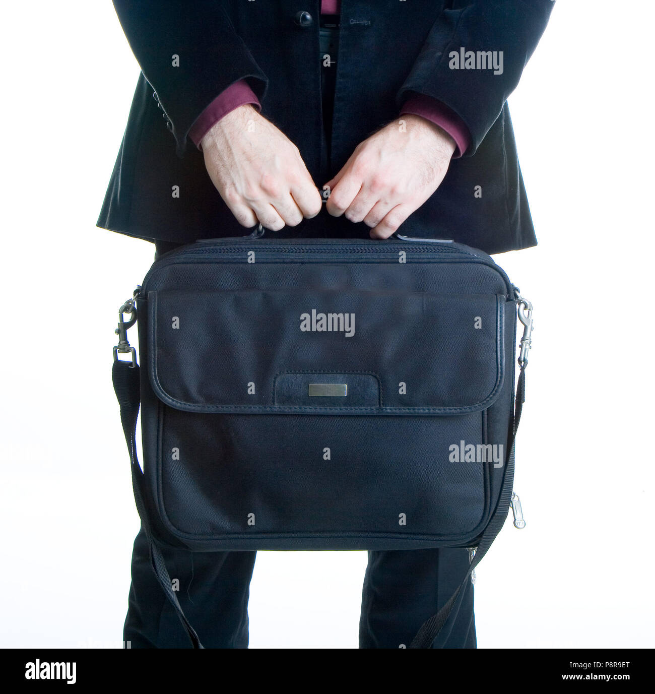 Man holding computer suitcase Stock Photo Alamy