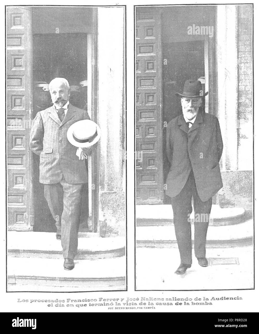 405 Los procesados Francisco Ferrer y José Nakens saliendo de la Audiencia el día en que terminó la vista de la causa de la bomba, Nuevo Mundo, 27-06-1907 Stock Photo