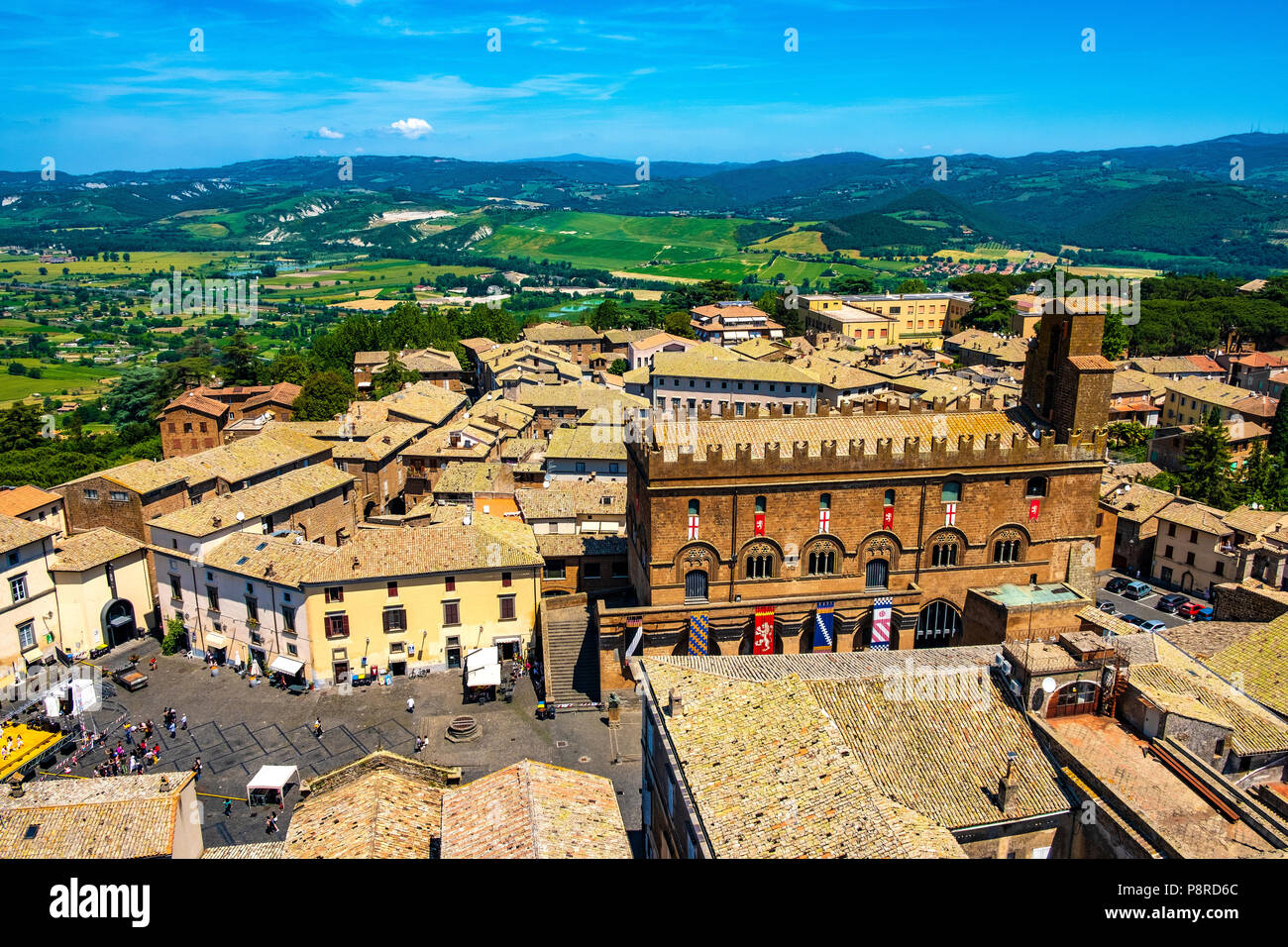 Orvieto, Umbria / Italy - 2018/05/26: Panoramic view of Orvieto old town and Umbria region with Piazza Vivaria square and Palazzo del Popolo palace Stock Photo