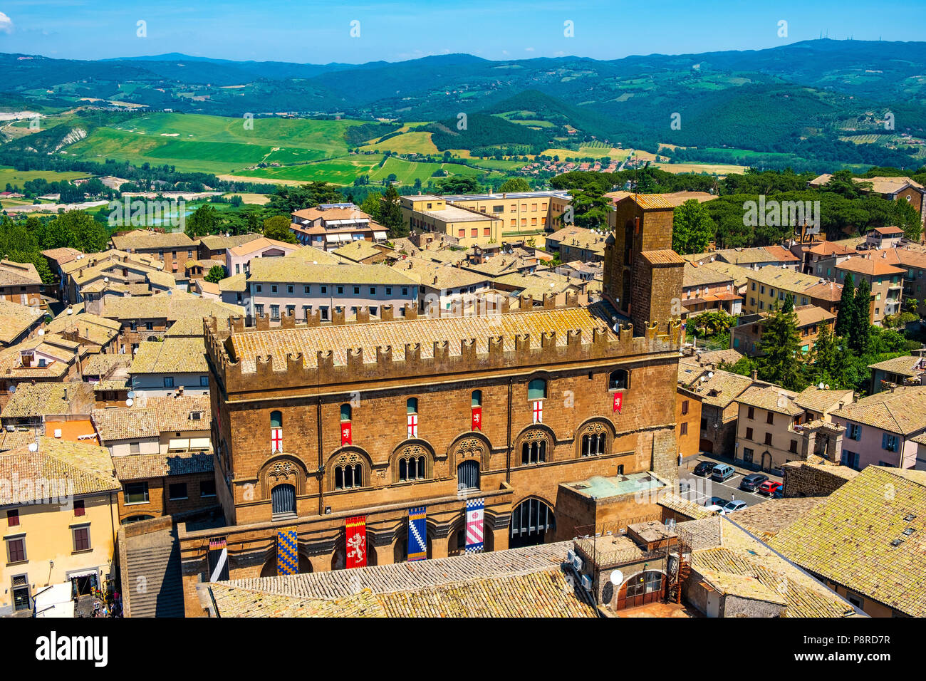 Orvieto, Umbria / Italy - 2018/05/26: Panoramic view of Orvieto old town and Umbria region with Piazza Vivaria square and Palazzo del Popolo palace Stock Photo