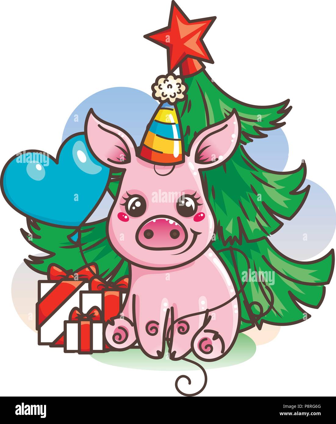 Happy New 2019 Year card with cartoon baby pig. Small vector symbol of ...