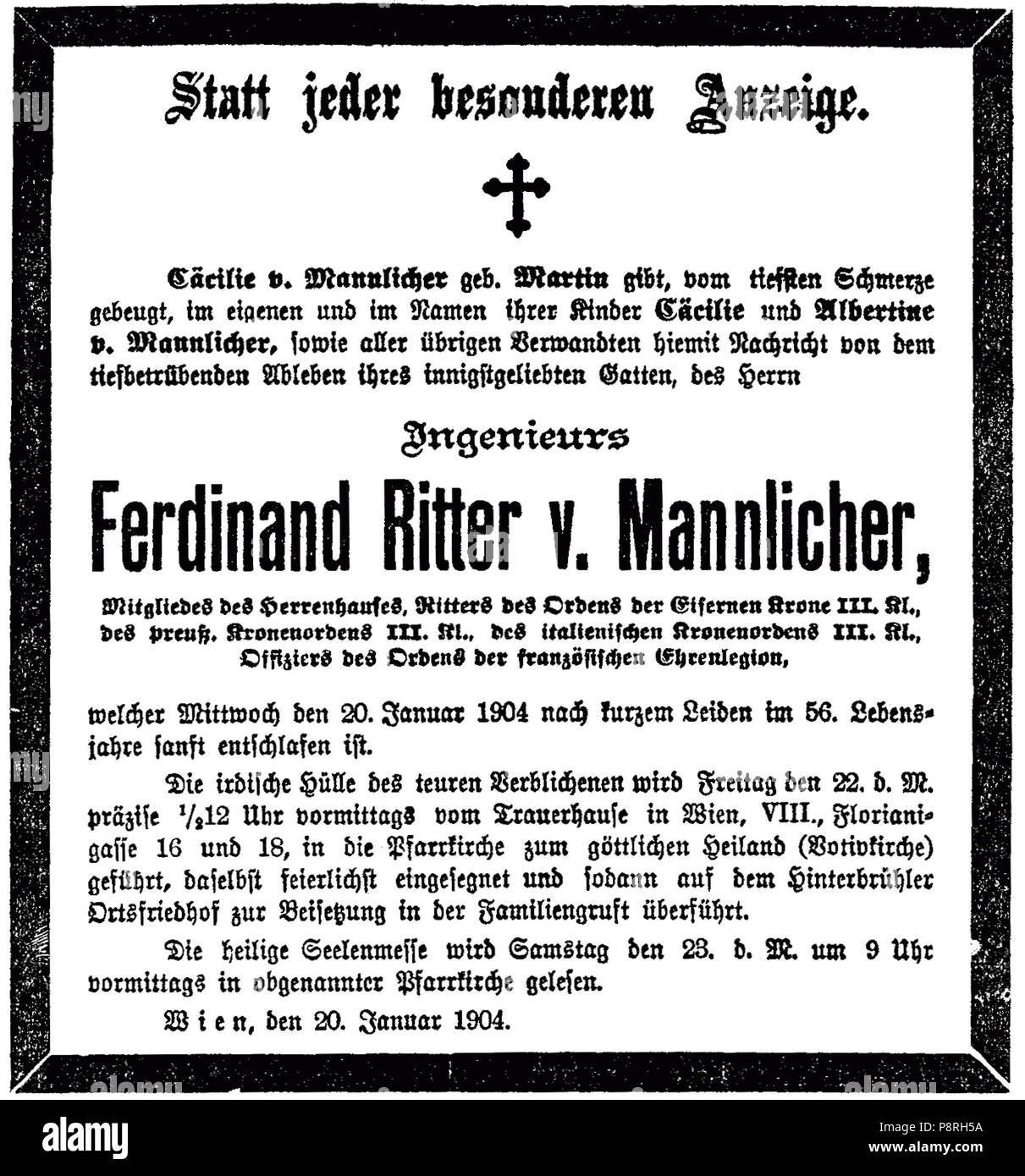 13 1904-01-20 Ferdinand Ritter von Mannlicher (statt jeder besonderen Anzeige) Stock Photo