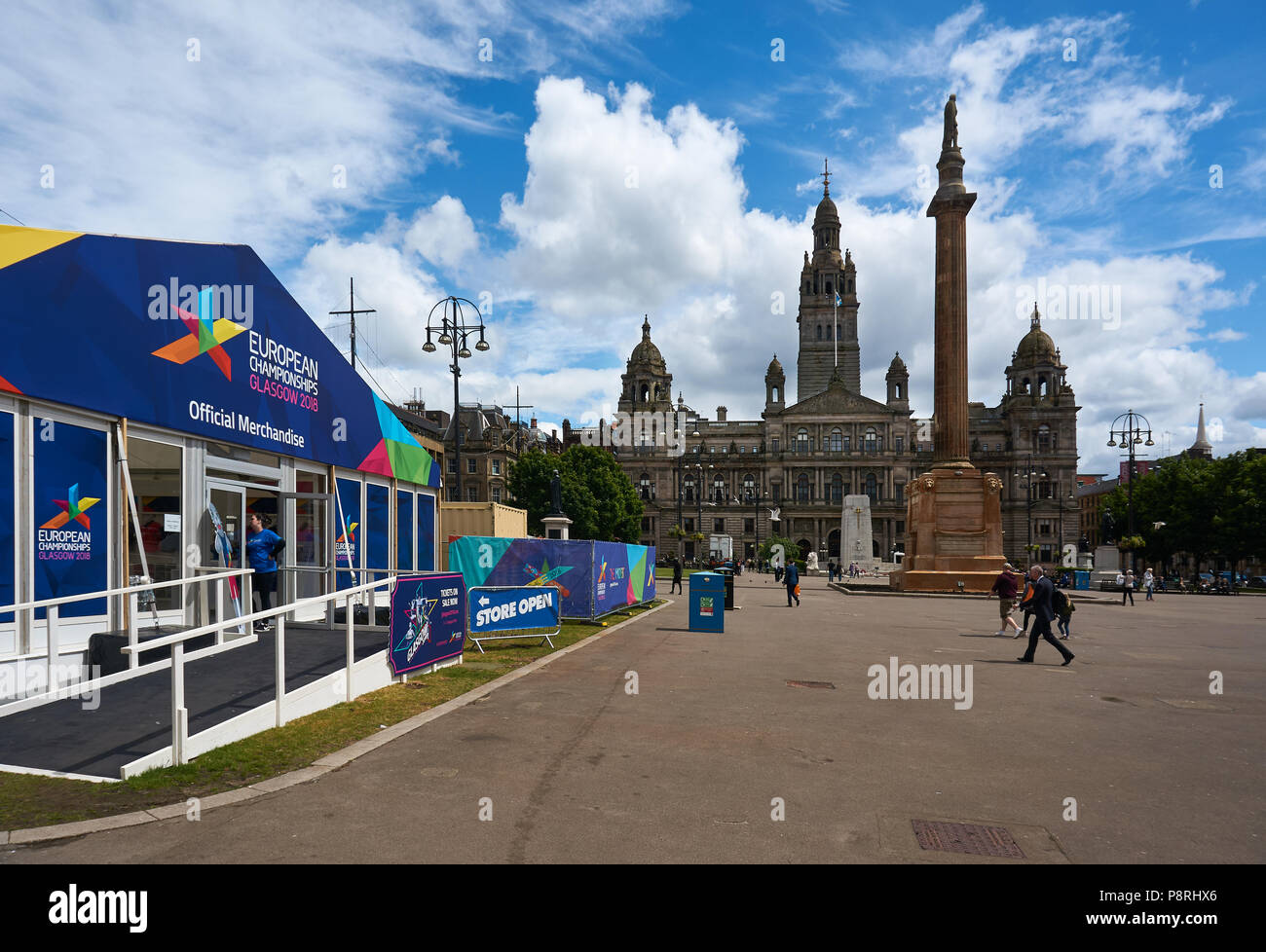 A store with merchandise for the European Championship 2018 in Glasgow has been set up on George Square in preparation for the opening in August. Stock Photo