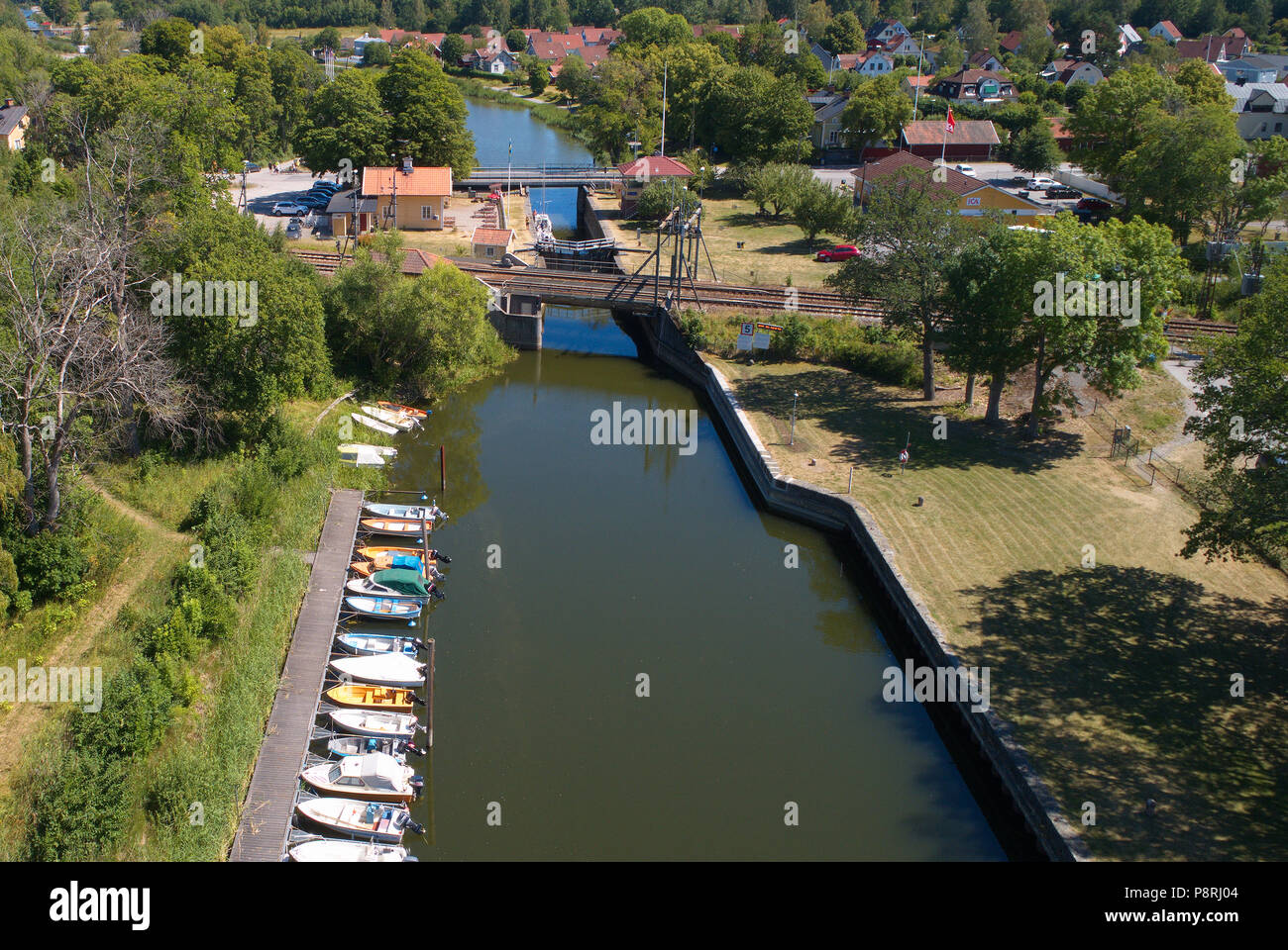 Norsholm, Sweden - July 5, 2018: Aerial view from the west of Norsholm lock area serving the Gota canal. Stock Photo