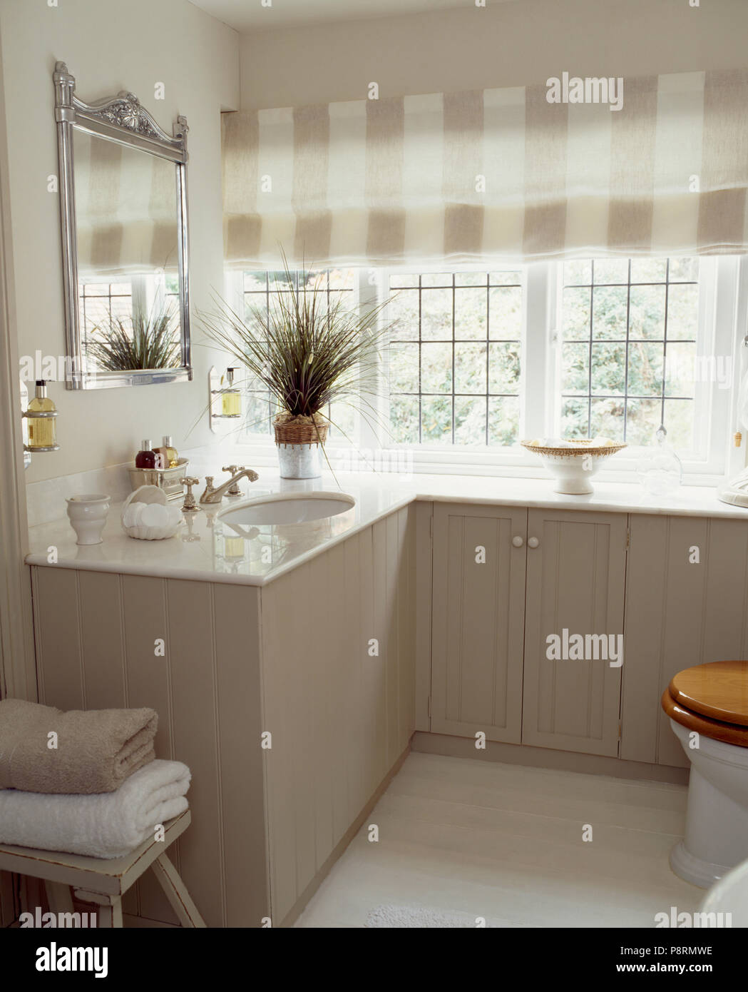 Neutral check blind at window in modern country bathroom Stock Photo ...