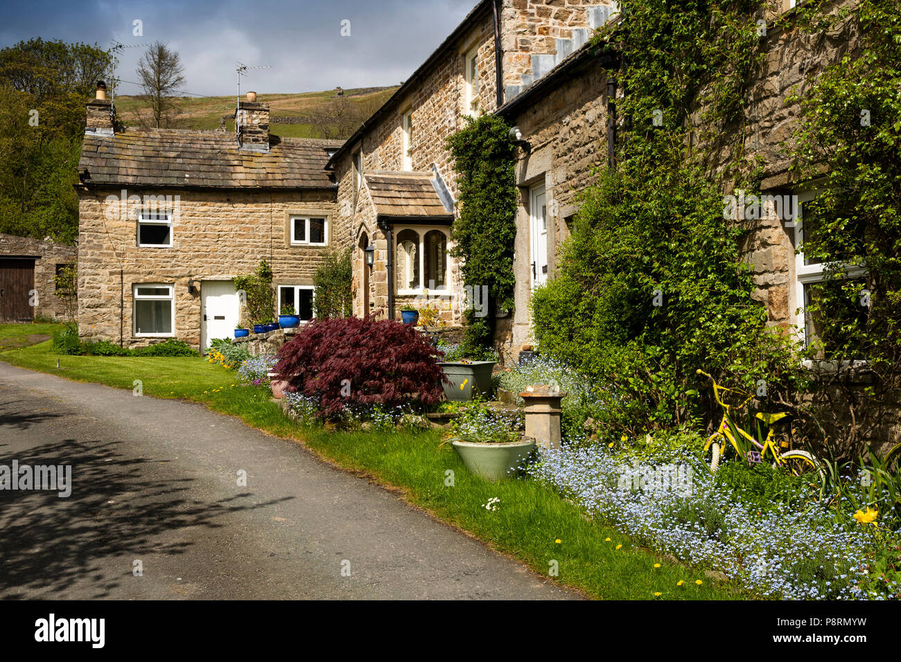 UK, England, Yorkshire, Swaledale, Healaugh, colourful flowers in small front garden of village house Stock Photo