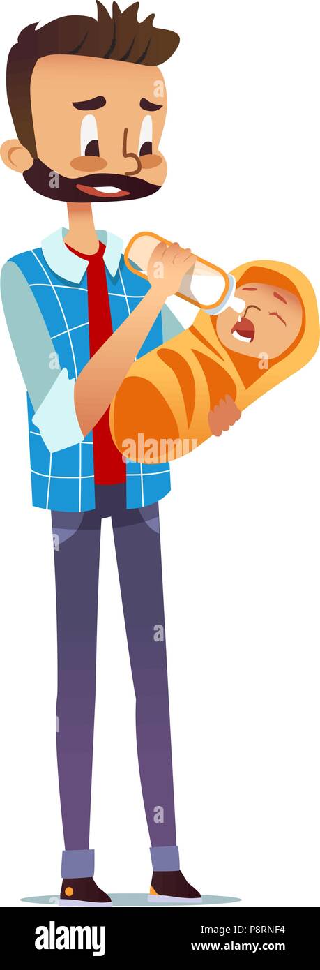 Man holding and feeding newborn child with nursing bottle. Dad giving milk  to infant. Single father taking care of baby. Cute cartoon character  isolated on white background. Flat vector illustration Stock Vector