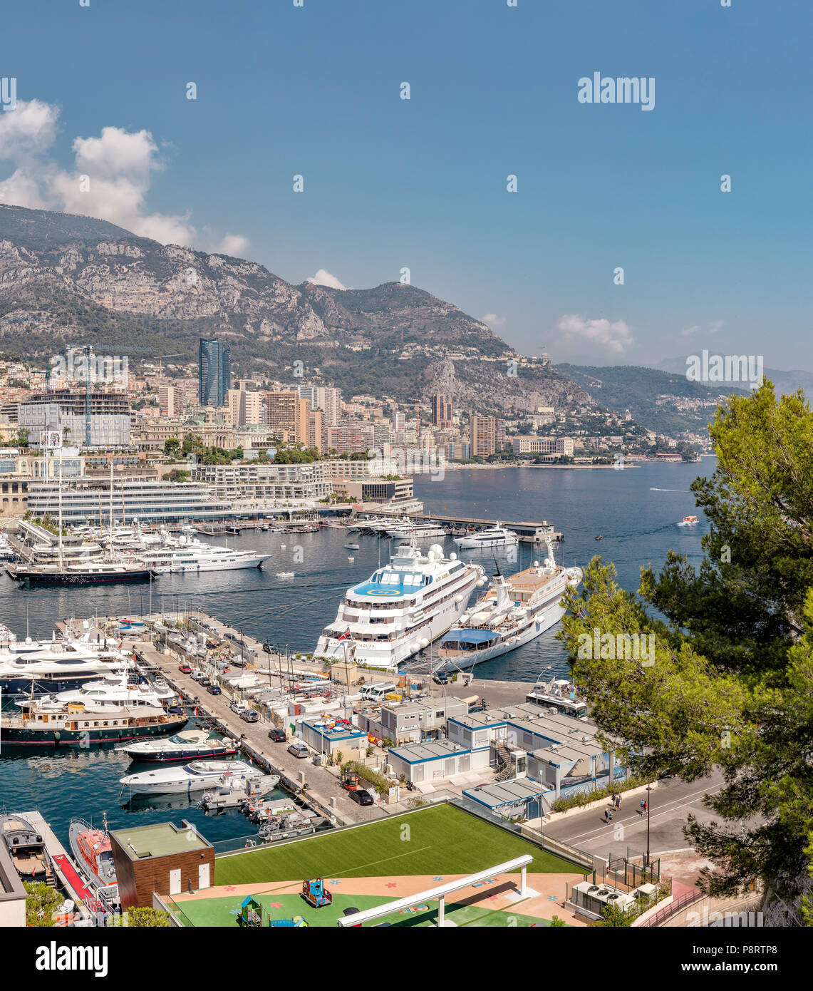 Port Hercule, port with huge luxery motor yachts, Monaco, Monte Carlo,  France Stock Photo