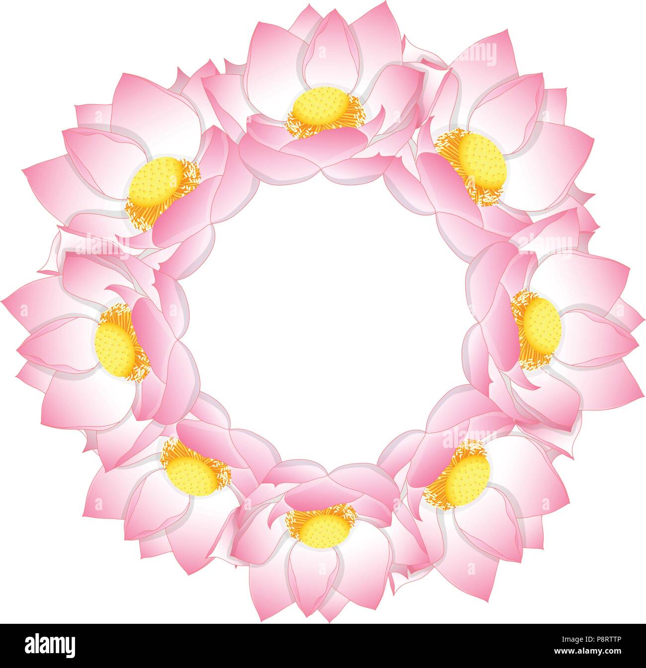 Pink Indian lotus Wreath. (Nelumbo nucifera,sacred lotus, bean of India, Egyptian bean. National flower of India and Vietnam) Vector Illustration. Stock Vector