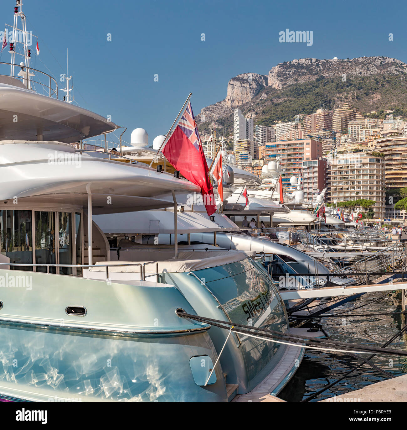 Port Hercule, port with huge luxery motor yachts, Monaco, Monte Carlo,  France Stock Photo