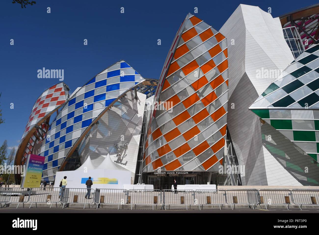 April 18, 2016 - Paris, France: View of the Fondation Louis Vuitton after  the building has been decorated with colored panels designed by French  artist Daniel Buren. Vue de la Fondation Louis
