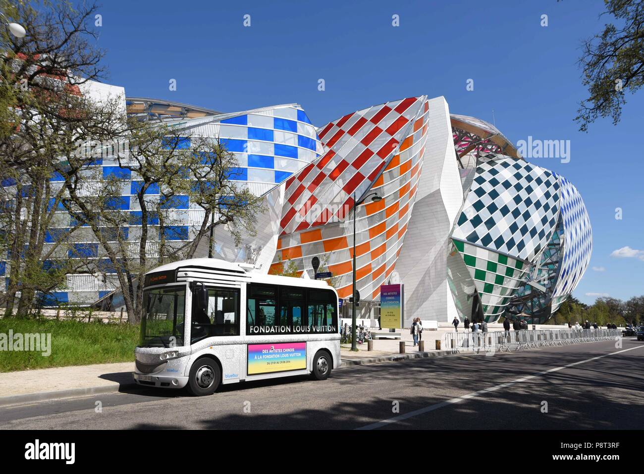 April 18, 2016 - Paris, France: View of the Fondation Louis Vuitton after  the building has been decorated with colored panels designed by French  artist Daniel Buren. Vue de la Fondation Louis
