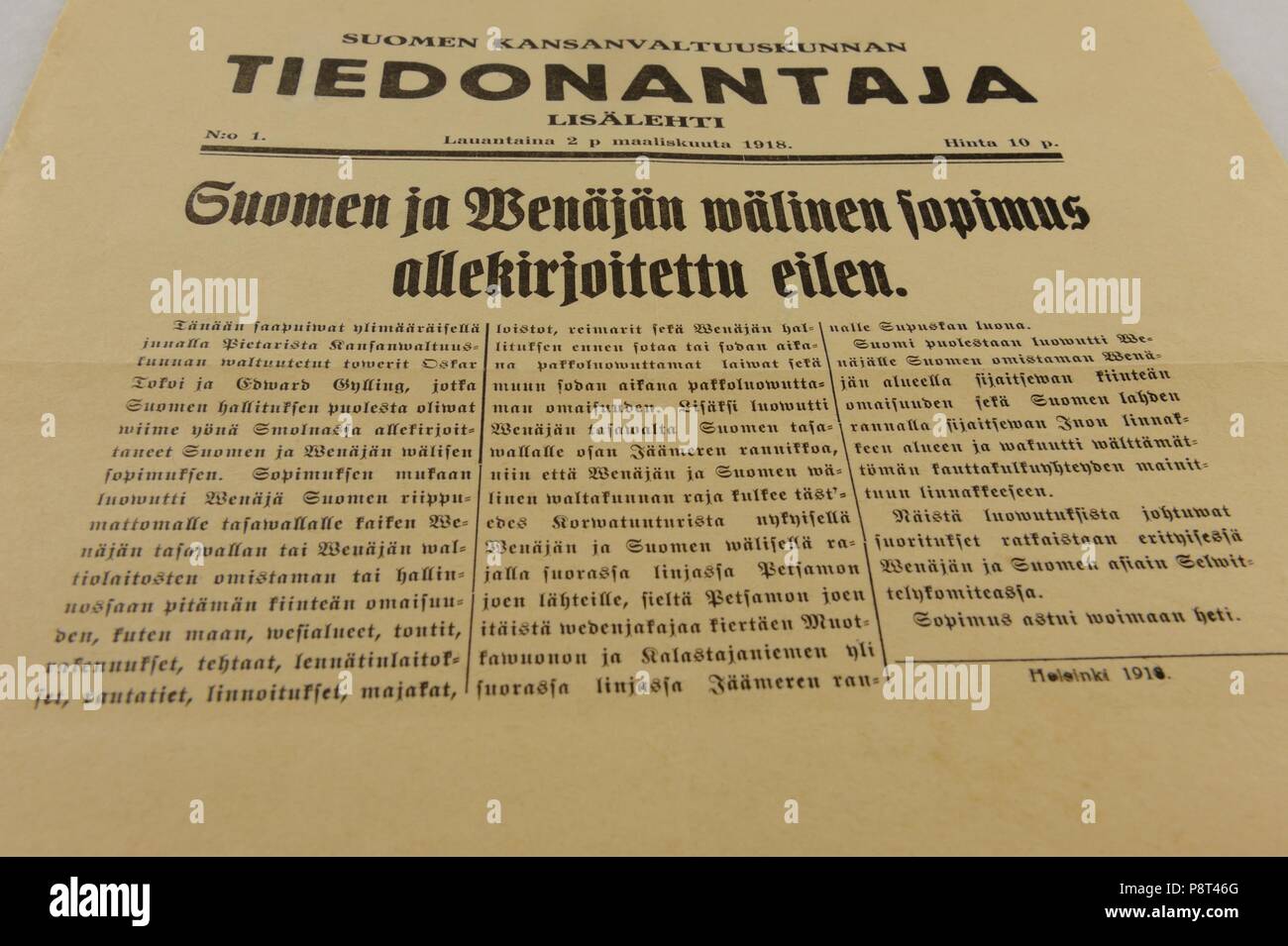The People Delegation of Finland made an  treaty and peace agreement with the People Delegation of Russia, which was signed on 1 March 1918. The Russi Stock Photo