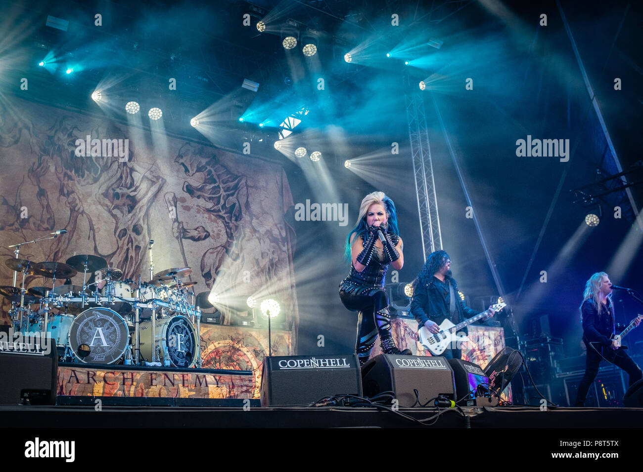 Swedish metal band 'Arch Enemy' on stage at the 2018 Copenhell metal festival in Copenhagen, Denmark. In the front vocalist Alissa White-Gluz. Stock Photo