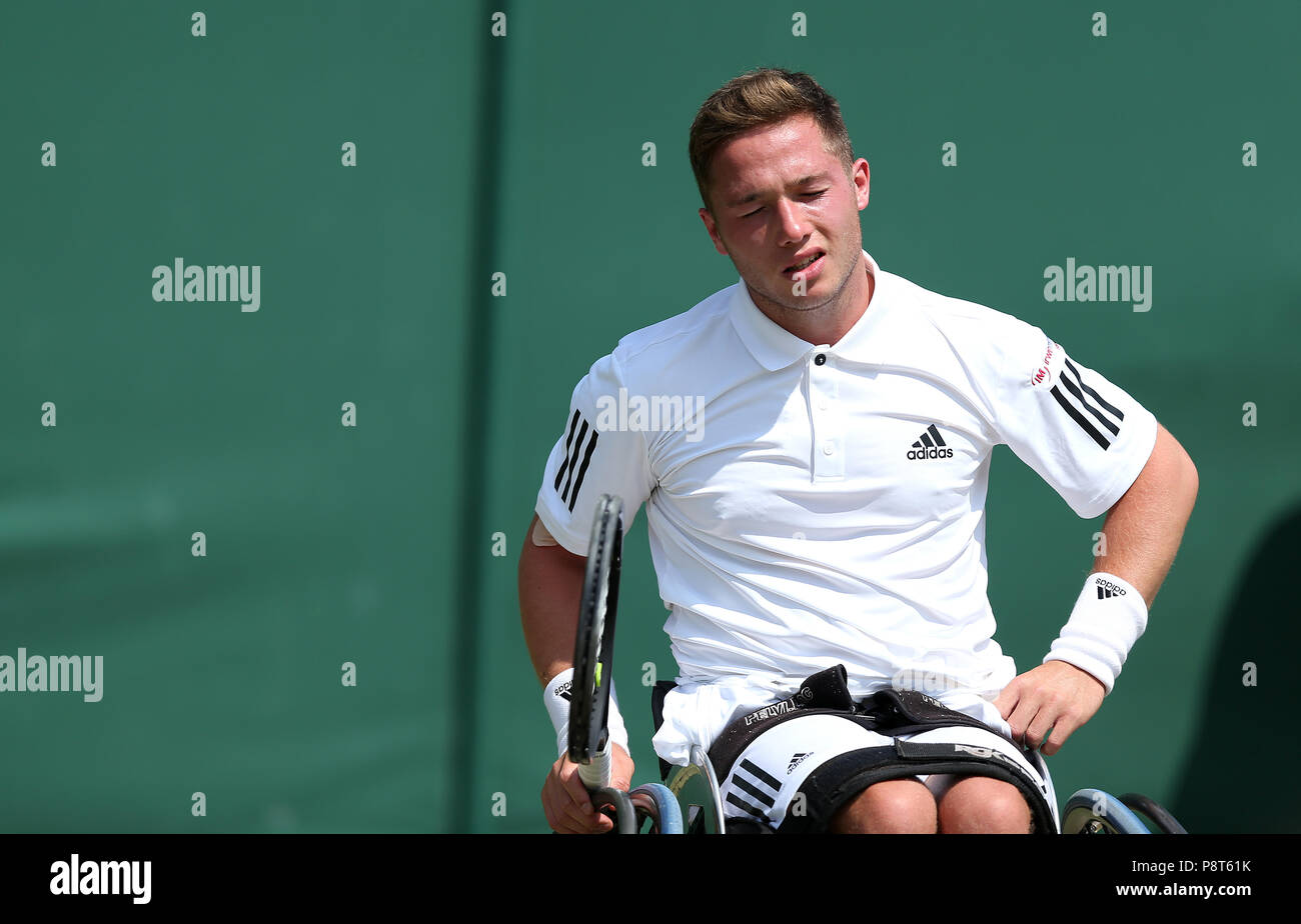 Alfie Hewett reacts on day eleven of the Wimbledon Championships at the All England Lawn Tennis and Croquet Club, Wimbledon. Stock Photo