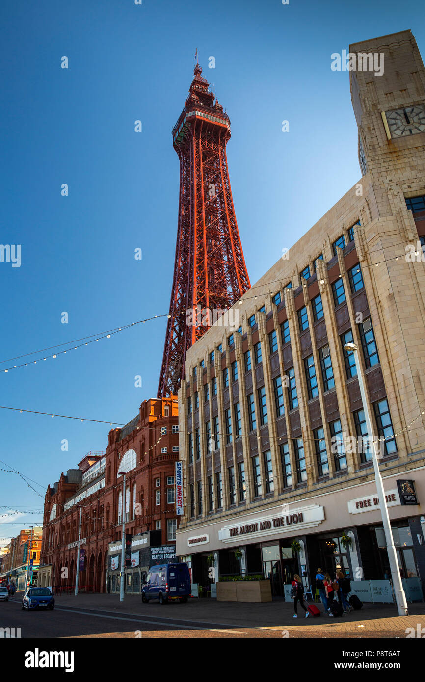 UK, England, Lancashire, Blackpool, Promenade, Blackpool Tower and Wetherspoons Albert and the Lion pub Stock Photo