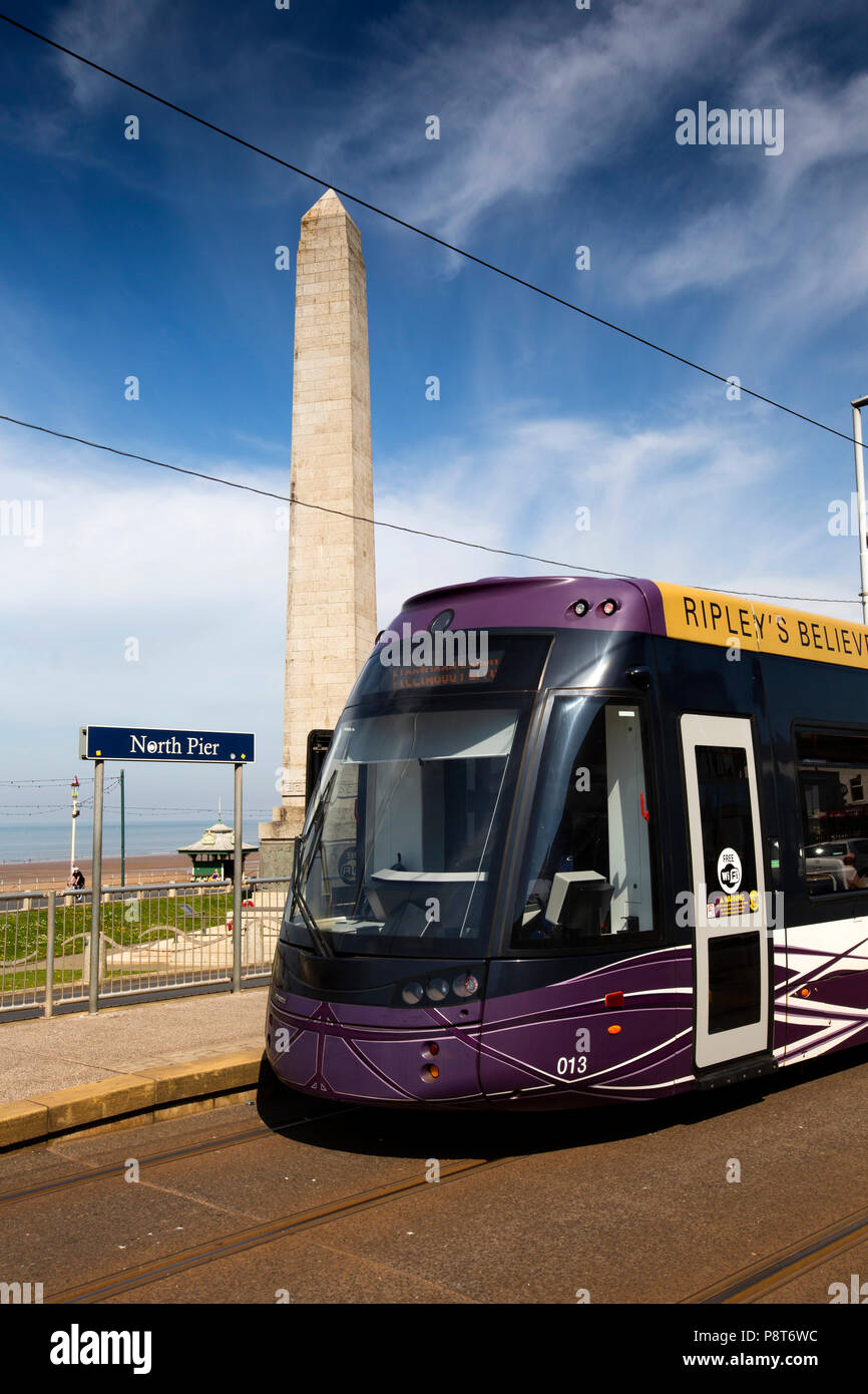 UK, England, Lancashire, Blackpool, Promenade, Bombardier Flexity 2 modern tram at War Memorial Stock Photo