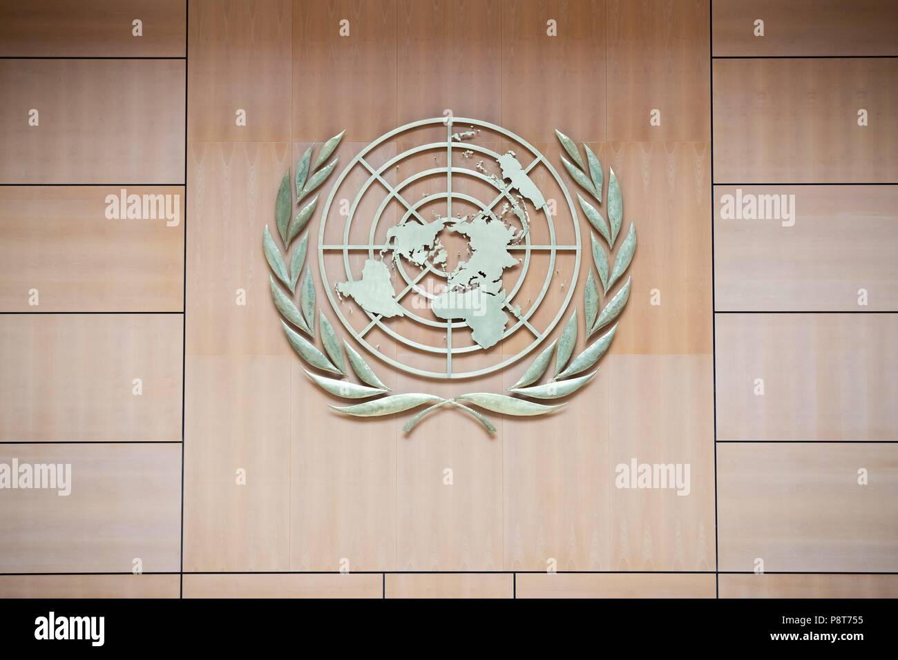 Geneva, Switzerland, 18 August 2016: The emblem of the United Nations on the wall in the Assembly Hall in the Palais des Nations, the United Nations Office at Geneva (UNOG). | usage worldwide Stock Photo