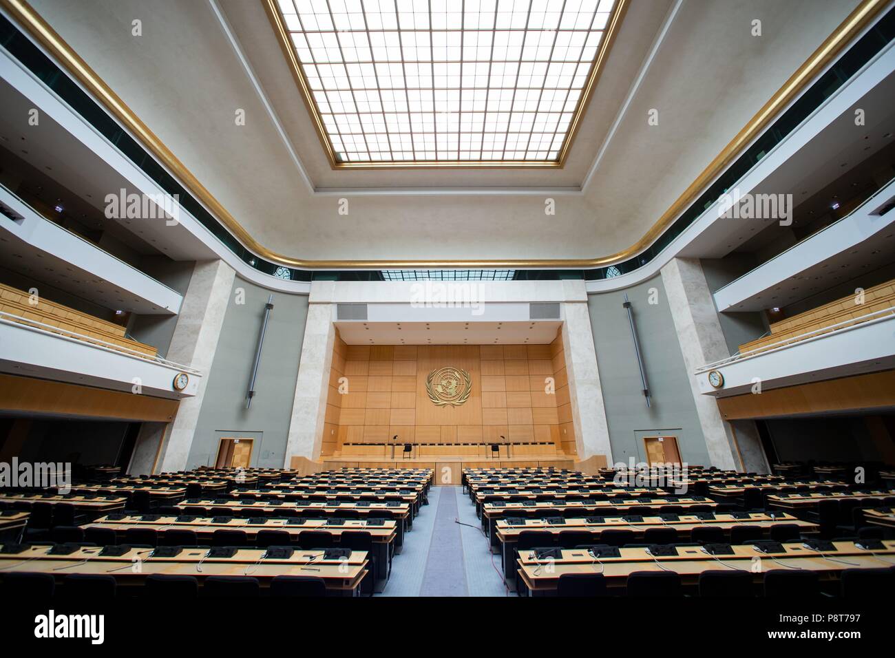 Geneva, Switzerland, 18 August 2016: The Assembly Hall in the Palais des Nations, the United Nations Office at Geneva (UNOG). | usage worldwide Stock Photo