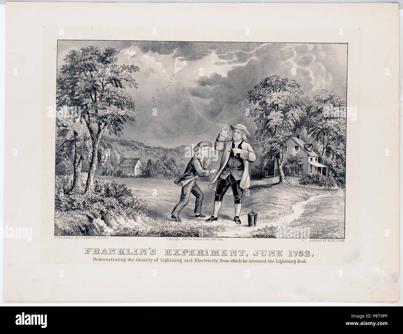 Franklin's experiment, June 1752 Demonstrating the identity of lightning and electricty, from which he invented the lightning rod Stock Photo