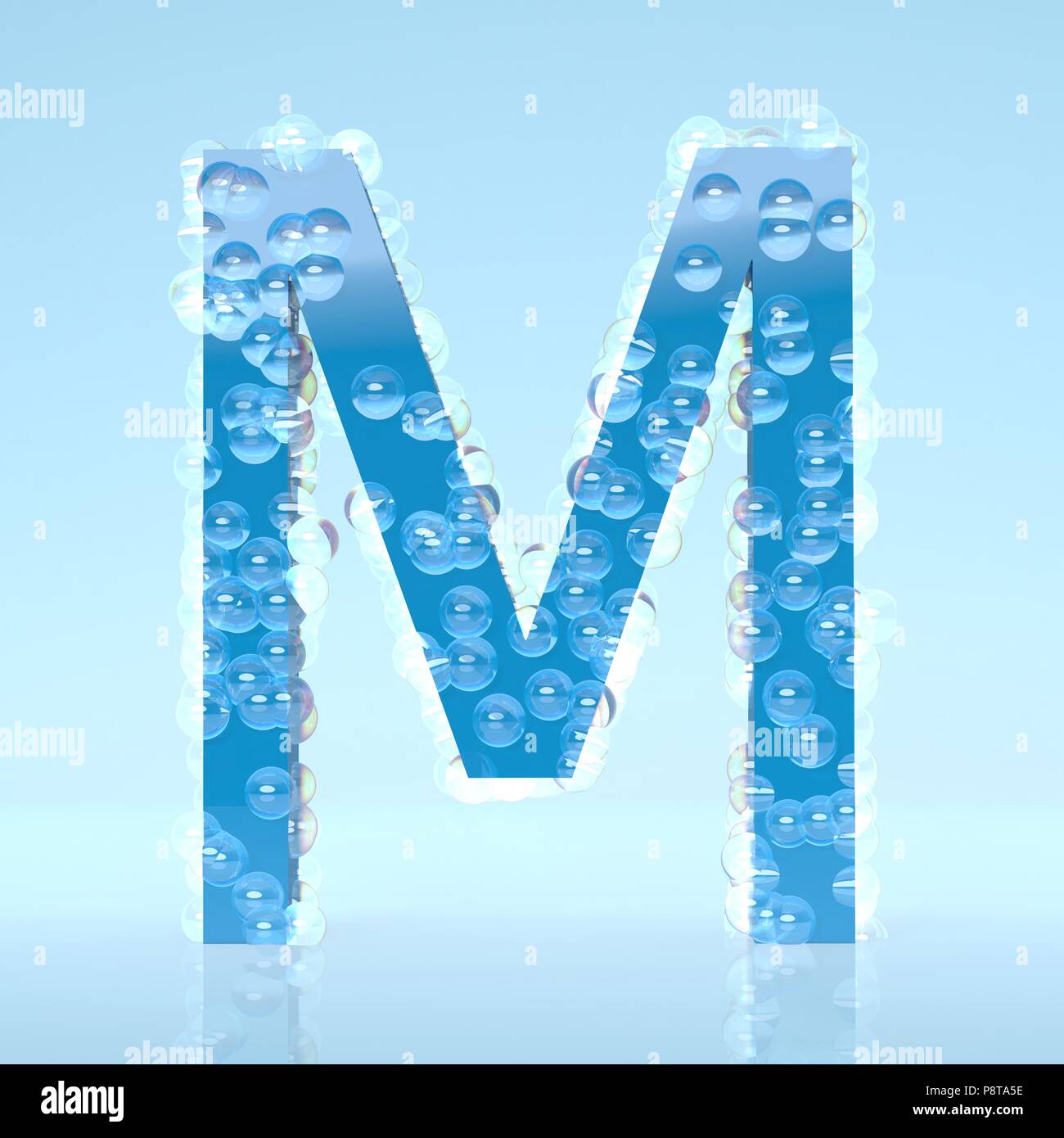 Blue Waterdrops letter M isolated on light blue background Stock Photo