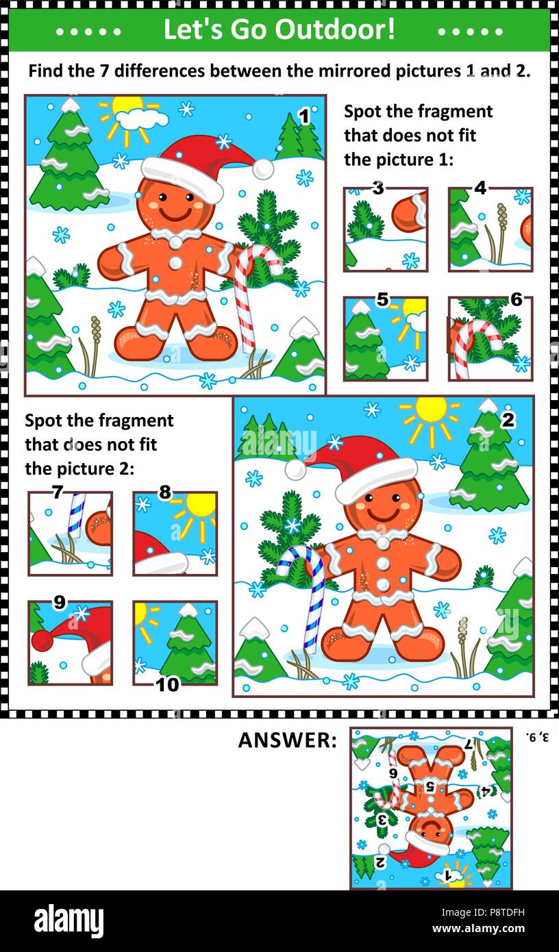 New Year or Christmas visual puzzles with ginger man. Find the differences between the mirrored pictures. Spot the wrong fragments. Answers included. Stock Vector