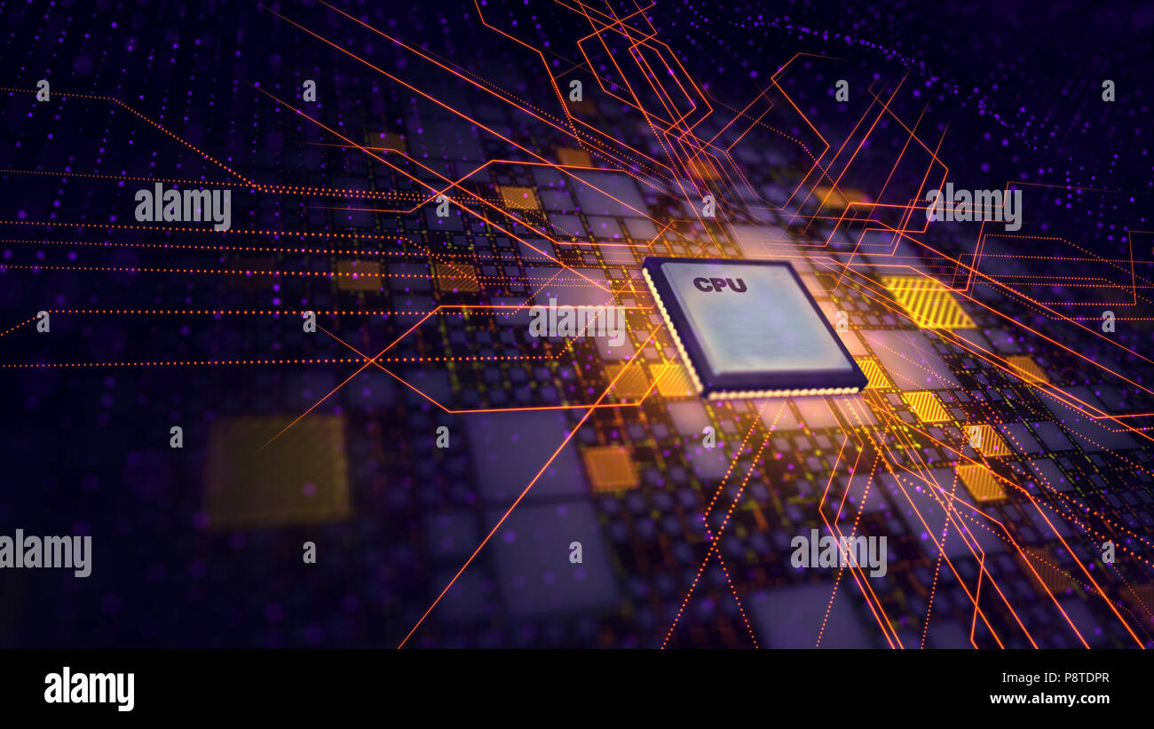 A futuristic 3d rendering of a CPU processor placed aslant in the ...