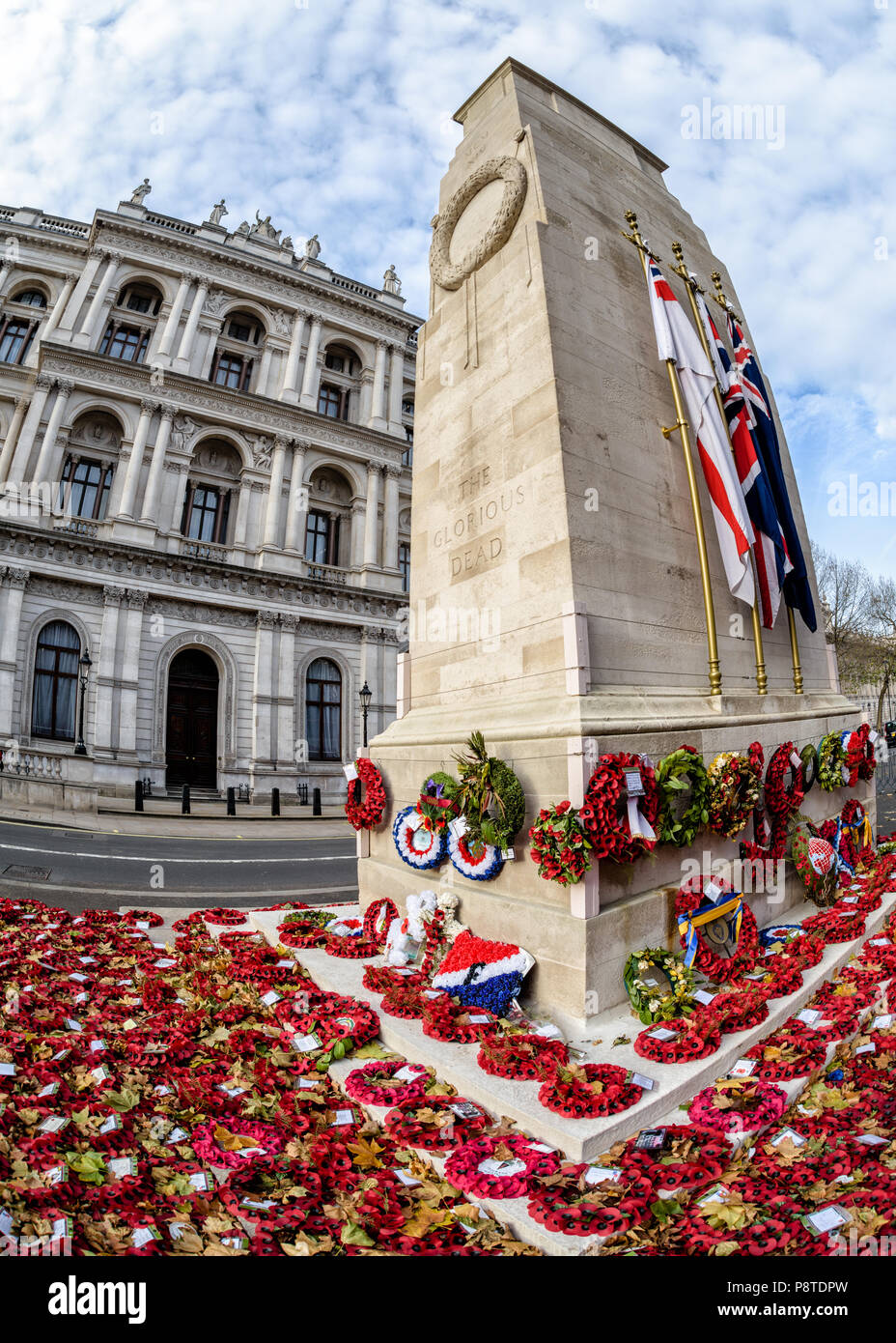 Wide angle portrait view of The Cenotaph in Whitehall, London, surrounded by wreaths of red poppies Stock Photo