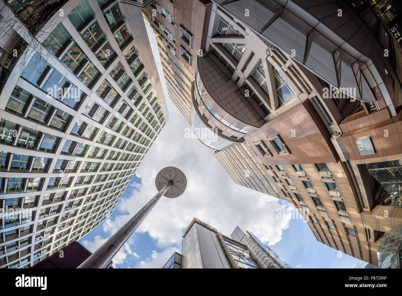 Wide angle view looking up at office buildings in central London Stock Photo