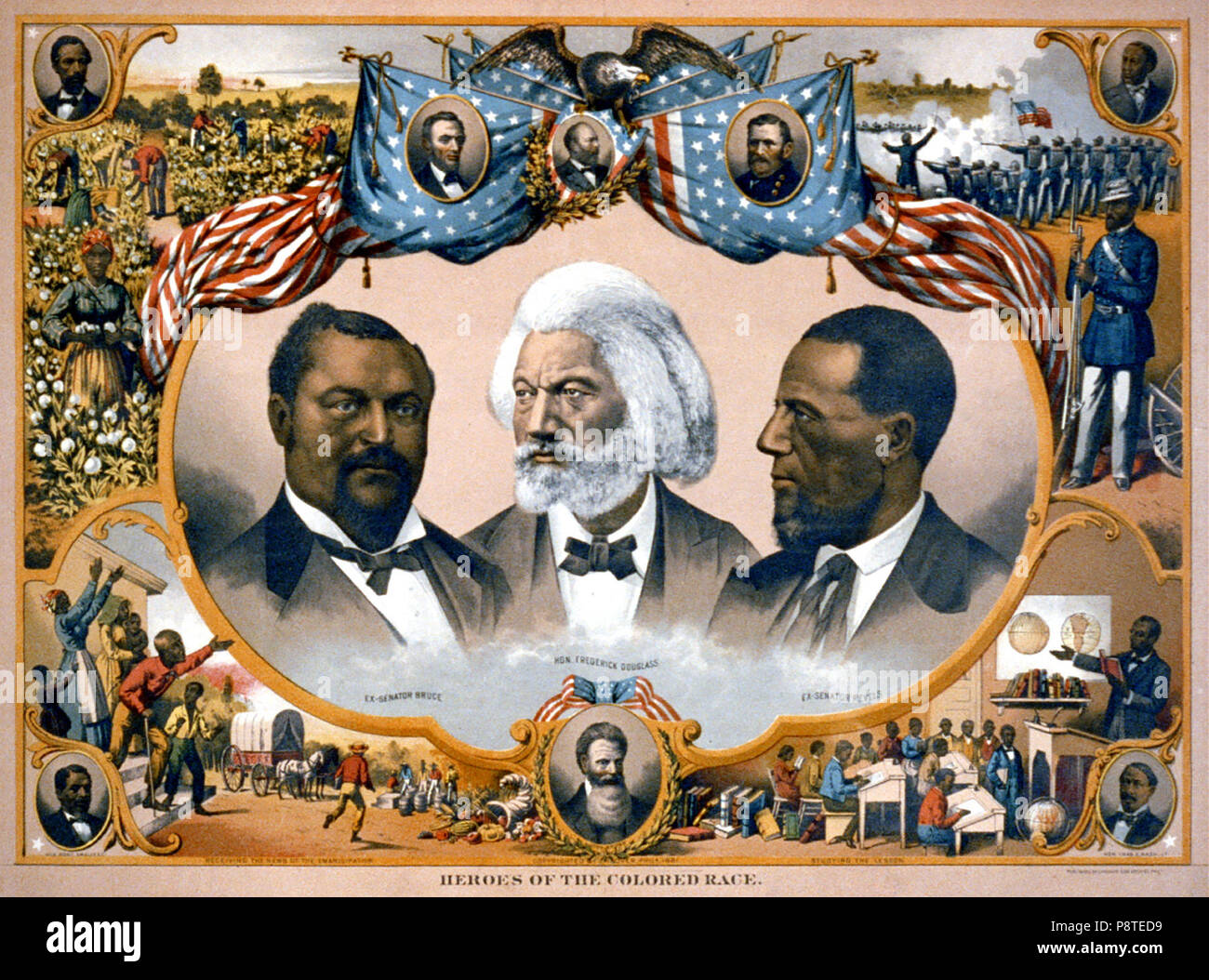 Print shows head-and-shoulders portraits of Blanche Kelso Bruce, Frederick Douglass, and Hiram Rhoades Revels surrounded by scenes of African American life and portraits of Jno. R. Lynch, Abraham Lincoln, James A. Garfield, Ulysses S. Grant, Joseph H. Rainey, Charles E. Nash, John Brown, and Robert Smalls. Stock Photo