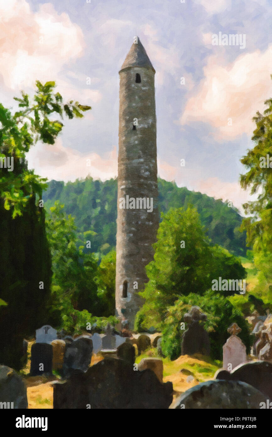 Colour Illustration of a Stone round tower surrounded by gravestones at the monastic site in Glendalough Valley in county Wicklow Ireland Stock Photo