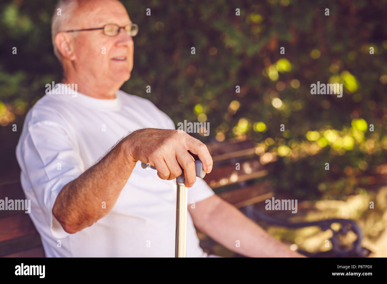 Close up hands of senior man with his walking stick in the park Stock Photo
