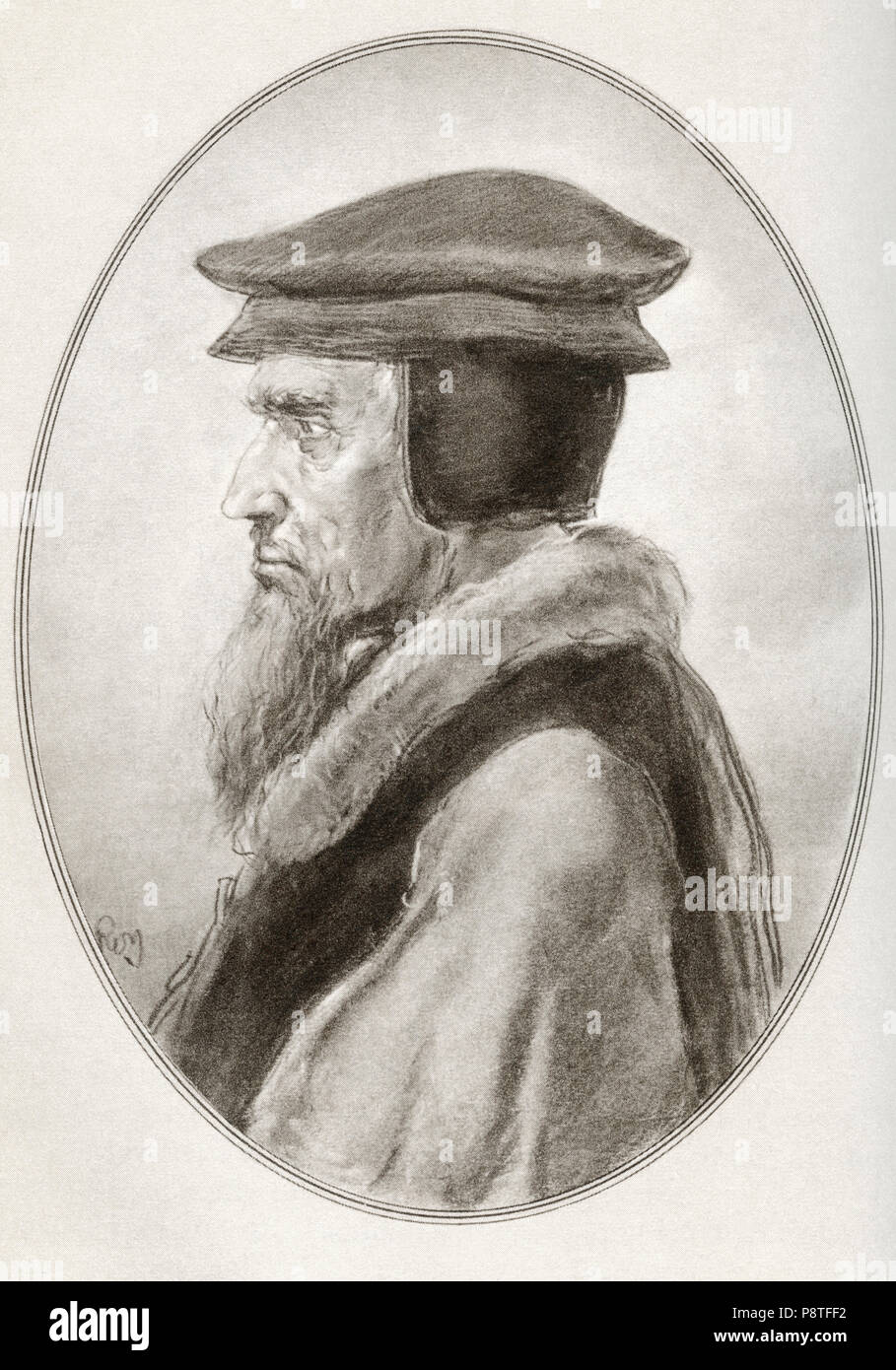 John Calvin, born Jehan Cauvin, 1509 – 1564.  French theologian, pastor and reformer in Geneva during the Protestant Reformation.  Illustration by Gordon Ross, American artist and illustrator (1873-1946), from Living Biographies of Religious Leaders. Stock Photo