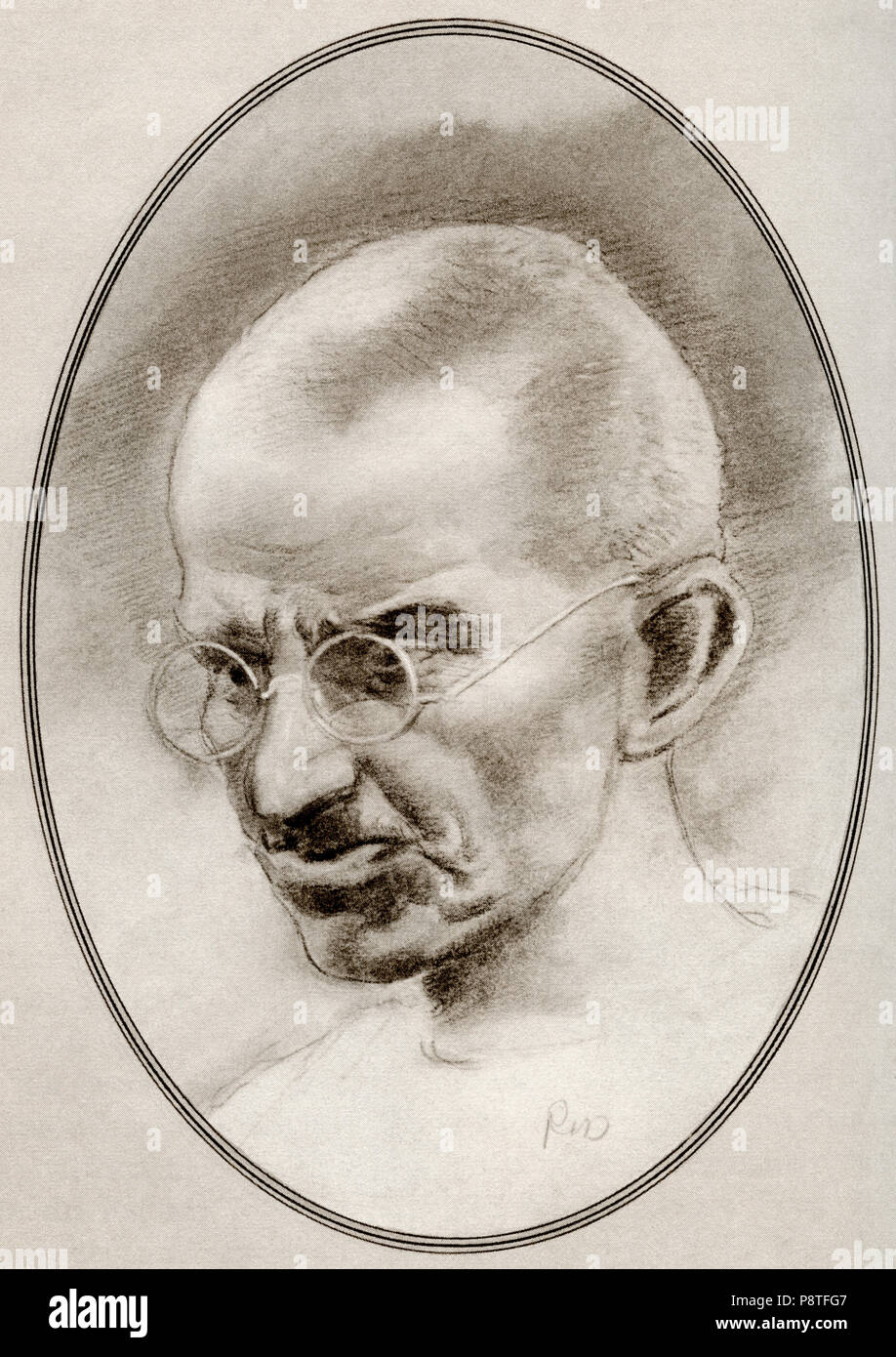 Mohandas Karamchand Gandhi, 1869 – 1948.   Indian activist, the leader of the Indian independence movement against British rule. Illustration by Gordon Ross, American artist and illustrator (1873-1946), from Living Biographies of Religious Leaders. Stock Photo