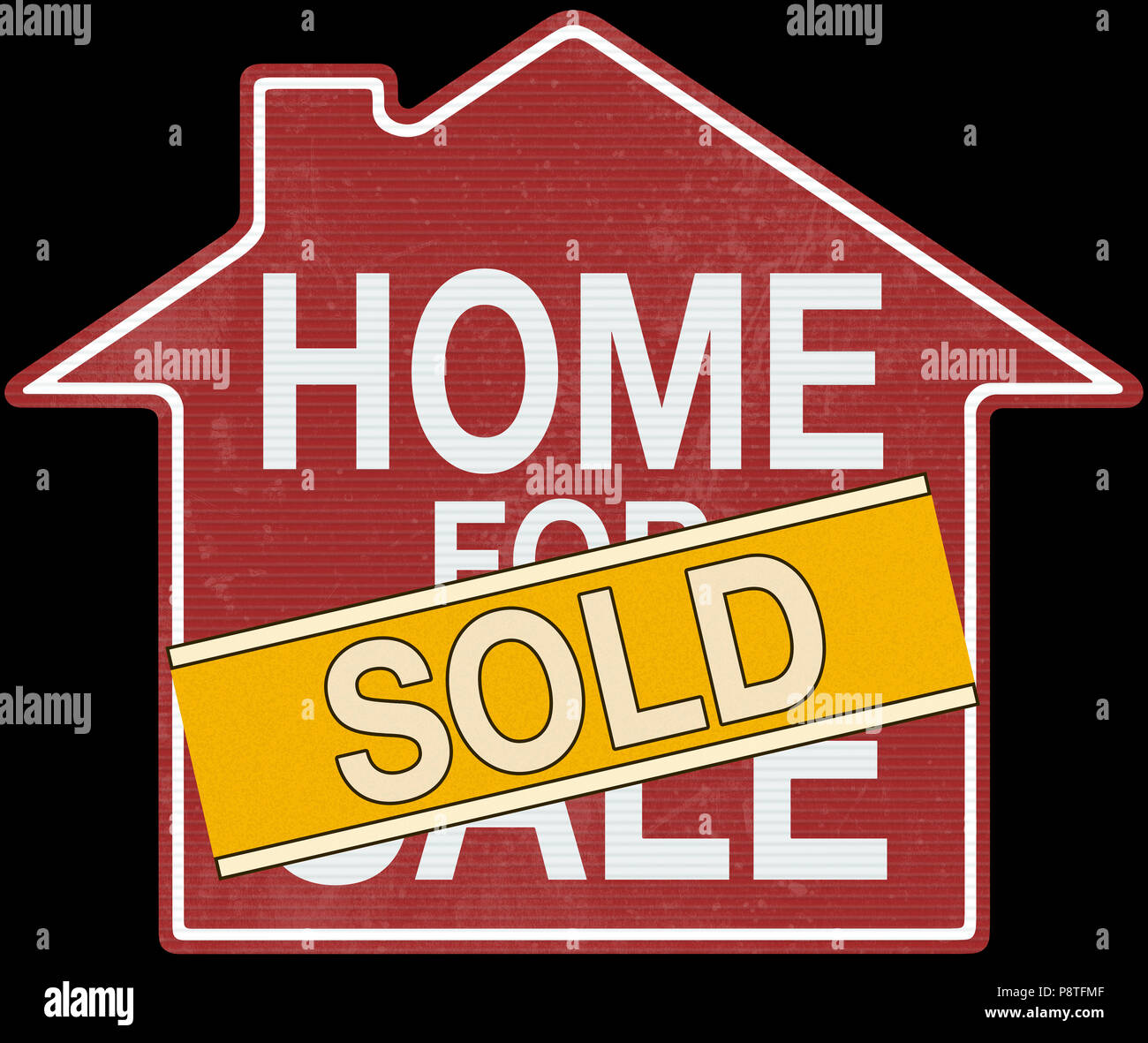 2D illustration. Sign of home for sale in red and sold in yellow over black background. Clipping path included. Stock Photo