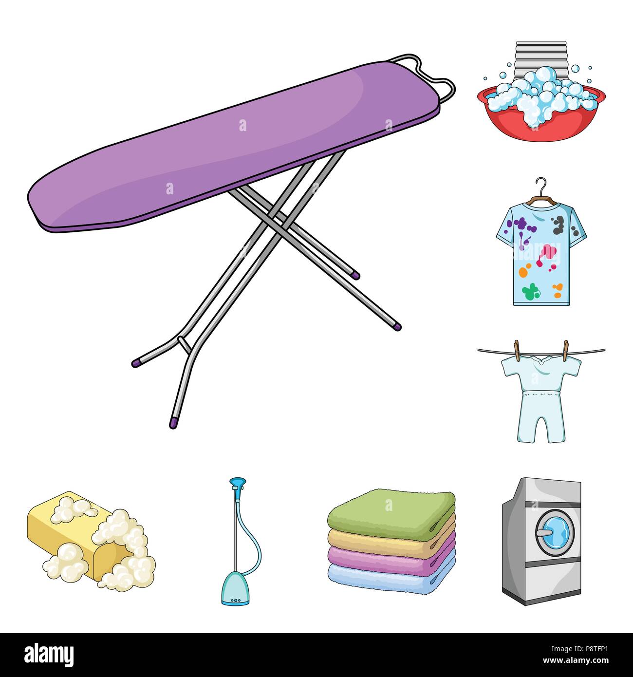 Dry cleaning equipment cartoon icons in set collection for design