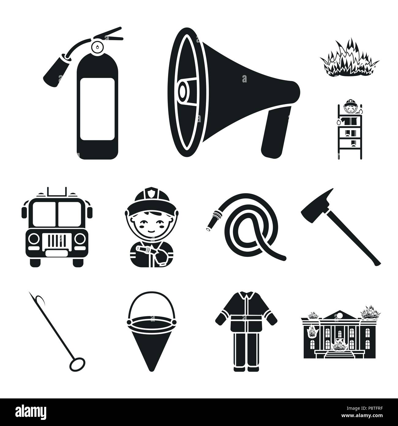 Fire Department black icons in set collection for design. Firefighters and equipment vector symbol stock  illustration. Stock Vector