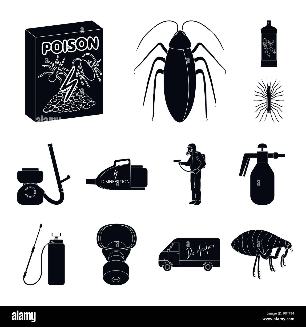 Pest, poison, personnel and equipment black icons in set collection for ...