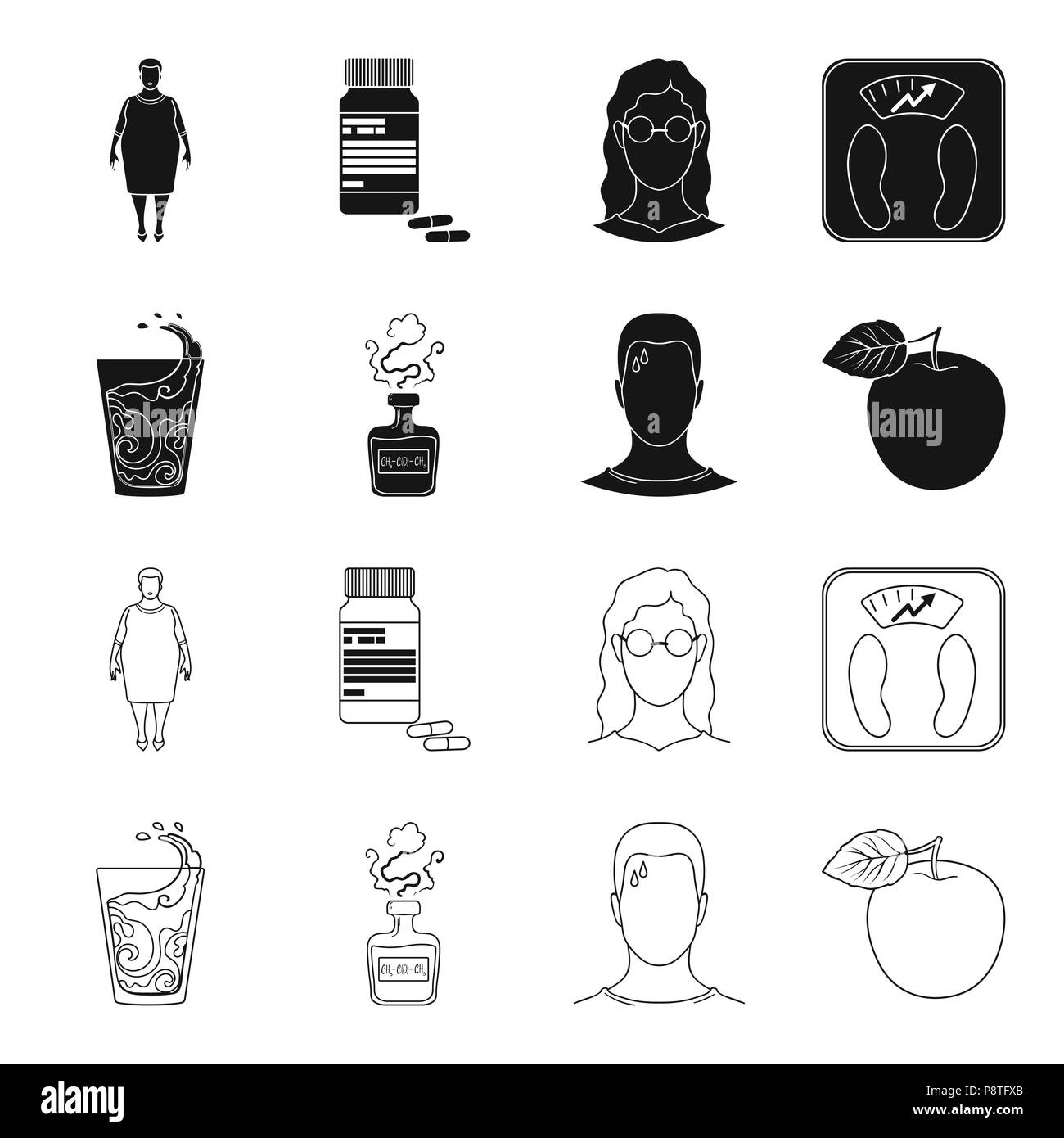 A glass of water, a bottle of alcohol, a sweating man, an apple. Diabeth set collection icons in black,outline style vector symbol stock illustration  Stock Vector