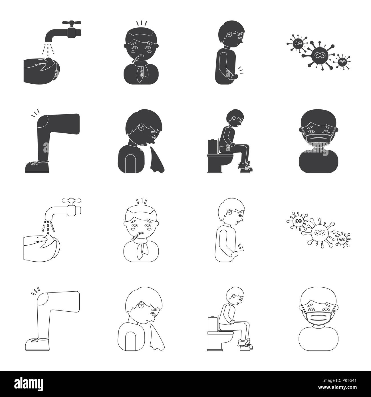 A foot with a bruise in the knee, sneezing sick, a man sitting on the toilet, a man in a medical mask. Sick set collection icons in black,outline styl Stock Vector