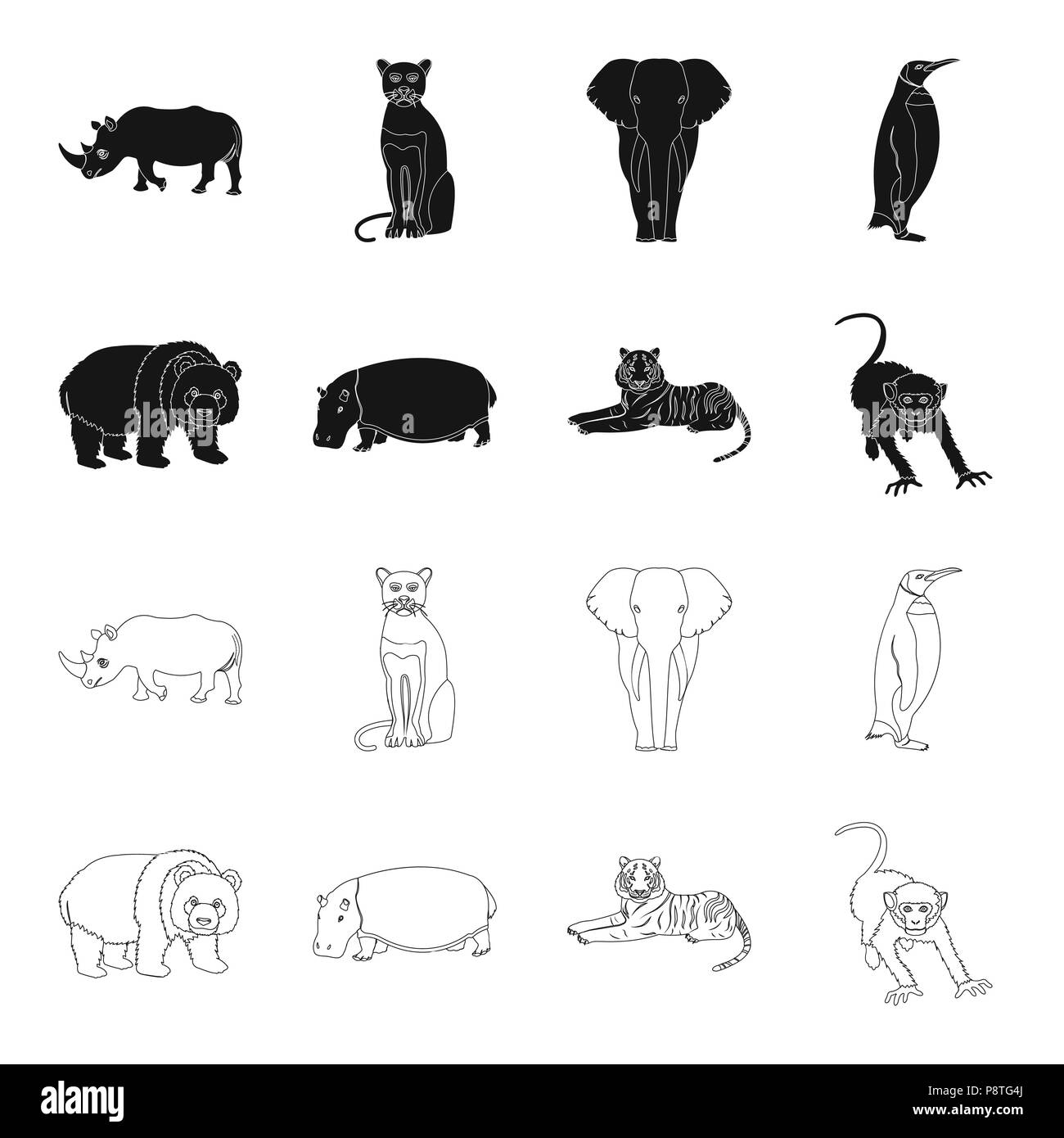 Bamboo bear, hippopotamus, wild animal tiger, monkey . Wild animal set collection icons in black,outline style vector symbol stock illustration . Stock Vector