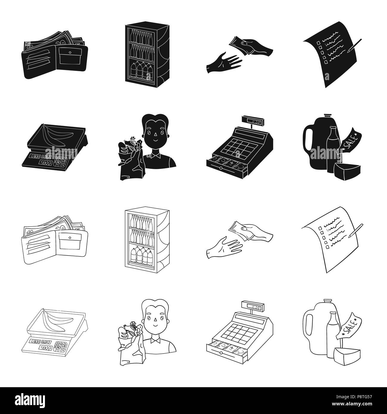 Package, scales, banana, fruit .Supermarket set collection icons in black,outline style vector symbol stock illustration . Stock Vector