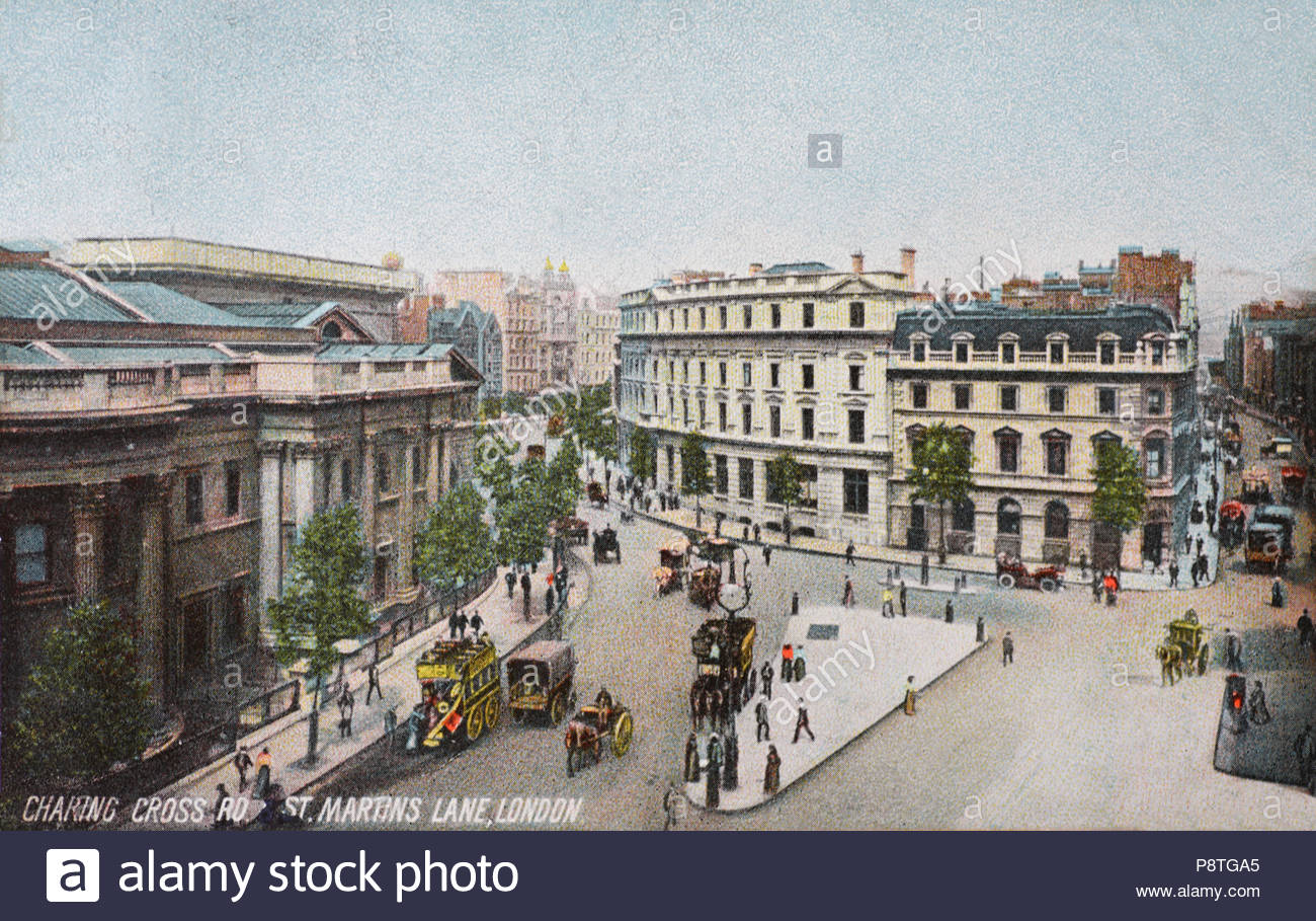Charing Cross Road, St. Martins Lane London, vintage postcard from 1915 Stock Photo